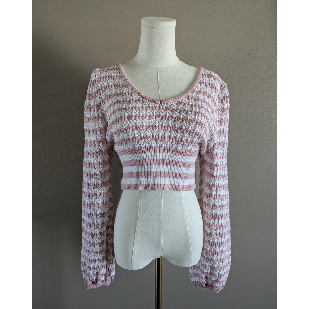 Altar'd State Pink & White Striped Open-Knit Long Puff Sleeve Crop Top Sweater